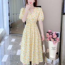 스타일아유 여성 옐로우 여신 브이넥 반팔 여름 원피스 바캉스 데이트룩