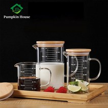 프리미엄 붕규산염 유리 측정 컵 핸들 및 대나무 뚜껑 커버 내열성 비커 대용량 Mor, [03] 1000ml