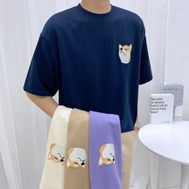 애드매이브 남자 여름 특양면 미니 시바견 전사 나염 오버핏 반팔티 4컬러 반팔 티셔츠