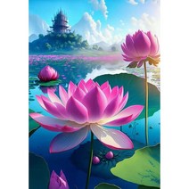 DIY피포페인팅 부귀연꽃 풍수 물감 명화그리기 연못 연화 풍경화 재물 평안 행운 정물화색칠하기 개업 집들이선물 아트 홈 인테리어 40*50CM 최신상, (액자프레임포함)부귀연꽃 그리기06