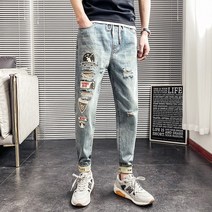 남자 청바지 찢김 캐주얼 9부 팬츠 Bluejeans
