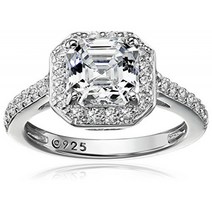 Platinum-Plated Sterling Silver Halo Ring set with Asscher Cut Swarovski Zirconia (1.5 cttw) 사이