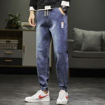 남성 밴딩 청바지 고무줄 스판 데님 남자 8부 9부 사계절 캐주얼 학생 물빠진 루즈핏 진청 중청 팬츠