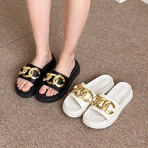 슈리오 여성 골드 볼드 체인 통굽 슬리퍼 4cm