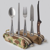 1+1 블루버켓 US ARMY 캠핑 커트러리 4종 세트 304 스테인레스 수저세트, 세트(파우치 미포함), 커트러리 세트(숟가락+젓가락+포크+나이프)
