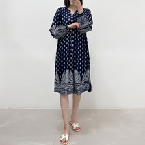 페이즐리 에스닉 휴양지 긴팔 루즈핏 바캉스 미디 비치원피스