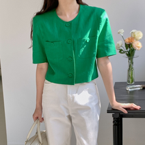 노카라 라운드넥 여름 린넨반팔자켓 크롭 반팔자켓 그린 화이트 연보라