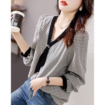 쩐쿠 가을 여성 브이넥 리본 체크무늬 블라우스 8448