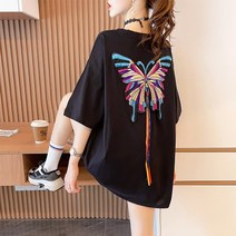 나루니 W04943 나비그림 나비자수 오버핏 여성티셔츠 루즈핏 여자반팔티 여름 박스티 사은품증정