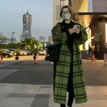 여성 체크 롱 코트 자켓 옐로우 브 포지티브 네거티브 투웨어 울 체크무늬 미디엄