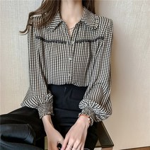 넷투넷코리아 여성 체크패턴 카라넥 기본 데일리 블라우스 셔츠