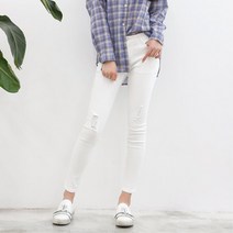 여자 헤지 화이트 데님팬츠 스키니 면바지 날씬해보이는 기본스키니 롱다리 날씬한코디