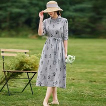 엔티랄라 원피스 날염 면 마 소재 헐렁한 빈티지 잠가매듭