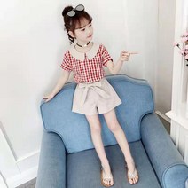 여름신상 주니어 체크무늬 셔츠 리본 반바지 상하복[1012]