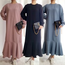 봄 가을 간절기 롱 프릴 원피스 훌 라운드넥 머메이드 베이직 원피스