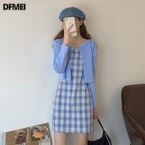 DFMEI 체크 원피스 여 나시 스커트