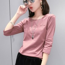 여성용 면 이니셜 라운드 7부 티셔츠