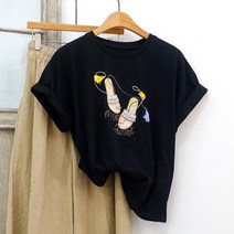 샌달 진주장식 프린팅 반팔 루즈핏 티셔츠