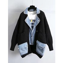 핫핑크가디건 셔츠가디건 카디건 스웨터 두꺼운 데님 코트 여성 턴 다운 칼라 겉옷 패치 워크 포켓 니트웨어 풀 팜므 럭스