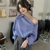 코카마니 여성 사선 단추 여밈 블루 스트라이프 예쁜 셔츠 블라우스