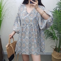 루즈핏 브이넥 에스닉 패턴 벌룬 7부 A라인 플레어 셔링 퍼프 블라우스(봄 여름 가을)