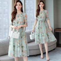 데일리룩 쉬폰 플라워 빅사이즈 여성 원피스 여름 통통mm 선한 배 커버 무릎 길이 스커트 우아한 사복
