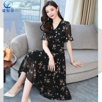 셀럽당 시폰 플라워 원피스 빅사이즈 여성 반팔 무릎 기장 스커트 느낌 브이넥