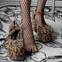 레오파드 메리제인 하이힐 털 두꺼운 플랫폼 통굽