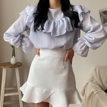 마롱패션 셔링 프릴 러플 라운드 블라우스