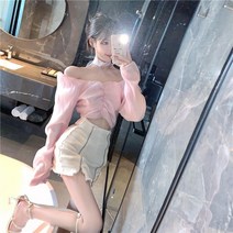 러블리 퍼프 셔링 분홍색 여신핏 공주 블라우스/여자연예인 아이유 수지 핑크 쉬폰 오프숄더