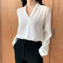 블랑샵 여자 베이직 브이넥 쉬폰 긴팔 블라우스