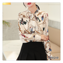 티피/Teepie여성 봄가을 모던 엘레강스 에어 앤틱 프린트 리본 차이나 긴팔 시폰 셔츠