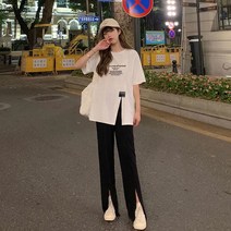 CIUUC 싱글/세트 여름 캐주얼 정장 여성용 반팔 티셔츠 슬림 코트 블랙 하이 웨이스트 와이드 레그 팬츠 투피스