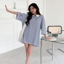 디작소 여성 루즈핏 단가라 배색 카라 반팔 미니 원피스