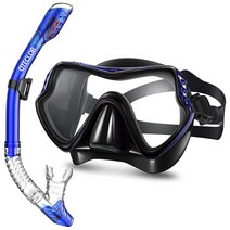 스노클 마스크 세트 스노클링 장비 - 드라이 스노클 세트 및 마스크 어린이 성인 김 서림 방지 180도 시뷰 메시 백 포함 스쿠버 다이빙 수영 훈련 장비 청소년 남성 여성 (블랙, Blue