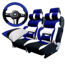카월드 자동차 리무진 1열 시트커버 2p + 목쿠션 2p + 콘솔 팔쿠션 + 핸들커버 스마트 세트, 블루 + 화이트, 1세트