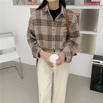 WZC 봄가을 체크 셔츠 카라 남방 포켓 루즈핏 상의 빅사이즈 여성의류 데일리