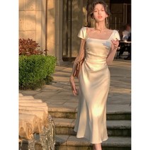 스퀘어넥 반팔 원피스 머메이드라인 허리 셔링 프렌치 원피스