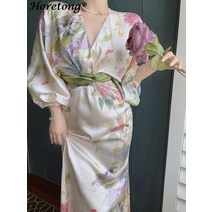 Horetong 복고풍 우아한 V 넥 긴 소매 새시 맥시 드레스 여성용 우아한 기질