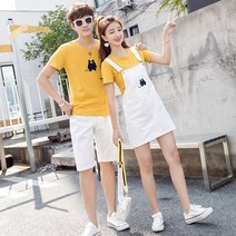 케이앤이 여름 커플티 세트 러블리 캐릭터 프린트 티셔츠 남녀 반팔 트렌드 멜빵 스커트 커플옷