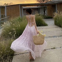 원피스 라벤더 쉬폰 중년 휴가 바캉스 히피룩 휴양지 여성