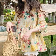 마롱패션 여성 린넨 오버핏 부 셔츠 플라워 블라우스 여자 브라