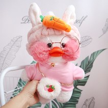 PKTOYS 소녀하트 캐릭터 큐티덕 피규어 숄더 겸 크로스백 깜짝 변신빵빵덕오리인형 옷, 파우더 무 헤어 밴드 파우더 티셔츠 체인 가방, 흰 오리 30cm