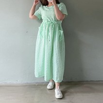 (빅사이즈)고방체크 땡땡이 루즈핏 허리끈 포켓 반팔 롱원피스