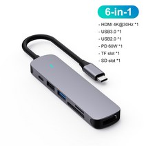 USB 3.1 c형 허브-HDMI 멀티 스플리터 어댑터 4K 썬더볼트 3 c허브 TF SD 리더 슬롯 PD 포함 맥북 프로, 04 6 in 1
