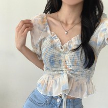 더핑크 / [더핑크] 오퍼 스모크 크롭 반팔 블라우스