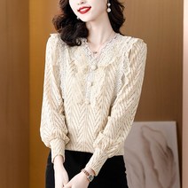 레이스 레깅스 여 봄 긴팔 블라우스 양기분 브이넥 상의 여