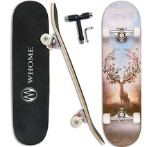 WHOME 프로 스케이트보드 성인 청소년 초보자를 위한 완성 78.7cm(31인치) 더블 킥 오목한 스트리트 8겹 알파인 하드 록 데크 ABEC9 베어링 T 툴 포함, Deer-Bird