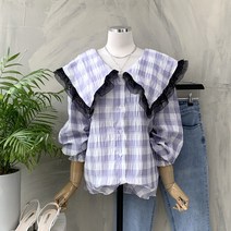 행복여[신상무배]허쉬 레이스 배색 빅 세라 카라 고방 체크 블라우스