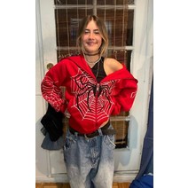 빈티지후드집업 스파이더 웹 레드 까마귀 스웨터 지퍼 따뜻한 하라주쿠 패션센스 스트리트